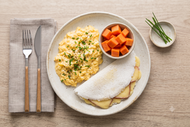 Ovos mexidos, tapioca e mamão